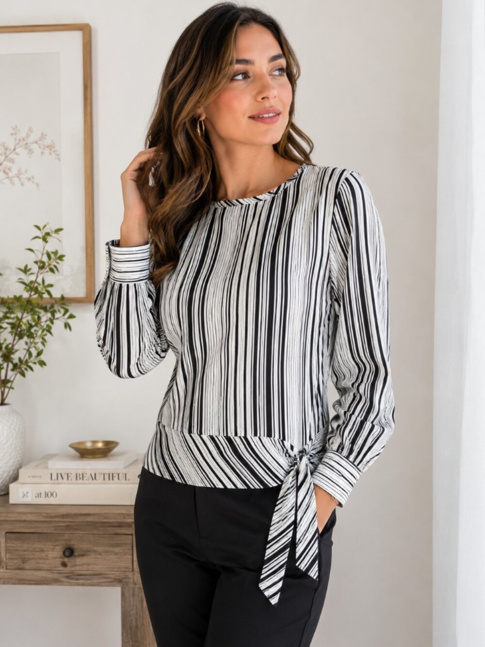 Talbots Petites SP Black White Striped Tie Waist Long Sleeve Blouse